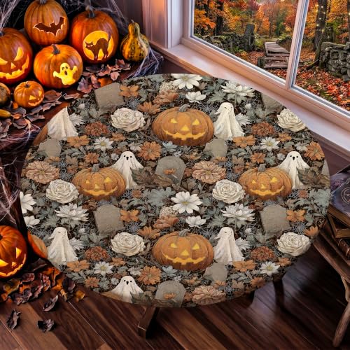 Halloween Round Fitted Tablecloth 36 Inch for 31-35 Inch Tables - Spooky Party Decor