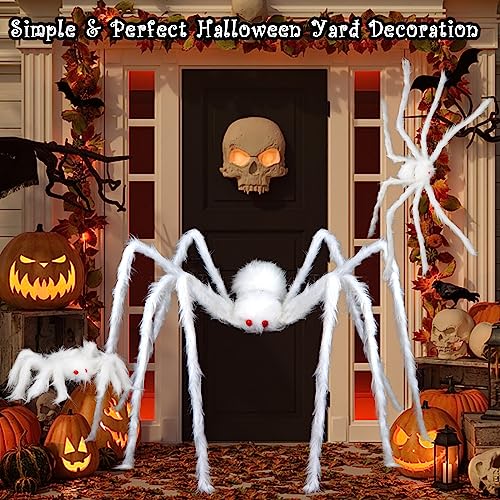 Large White Halloween Hairy Spider Prop - Scary Indoor Outdoor Decor Set of 3