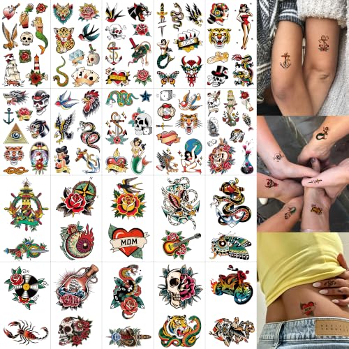 Temporary Tattoos Set 96PCS American Traditional Retro Style Adults - Retro Heart Variation
