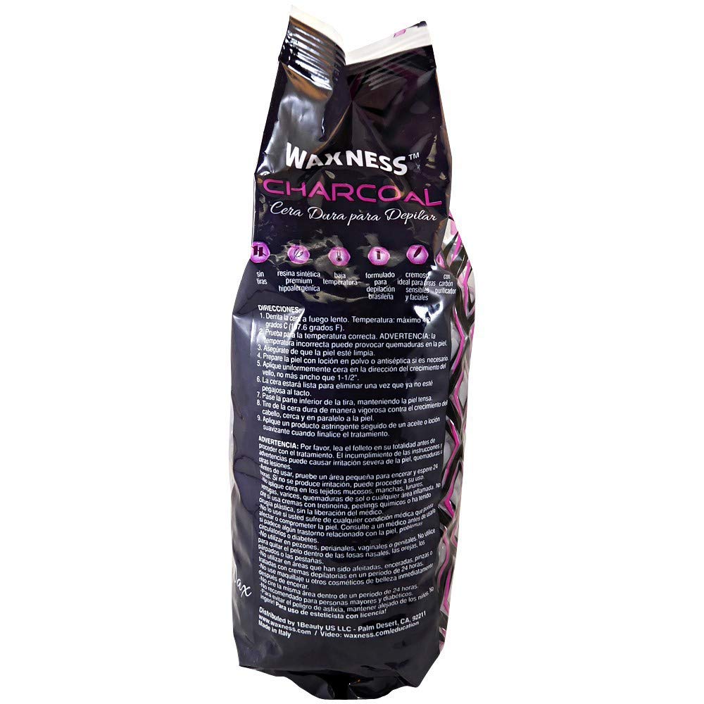 Waxness Charcoal Hard Wax Beads 2.2 lb (1 kg) – Premium Synthetic Rosin-Free Stripless Wax with Creamy Film Formula for Sensitive Areas, Professional Use – Made in Italy
