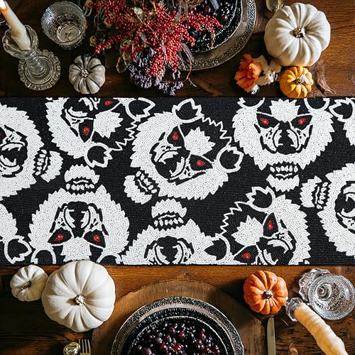 Halloween Beaded Table Runner - Black White Werewolves, 13x36 - Handmade Decor