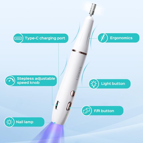 COSLUS Cordless Nail Drill Electric C41(END04): 2-in-1 Nail File with Flash Cure for Acrylic Gel Dip Powder Nails, Stepless Control for Beginner Home DIY, Portable & Professional Pedicure Kit