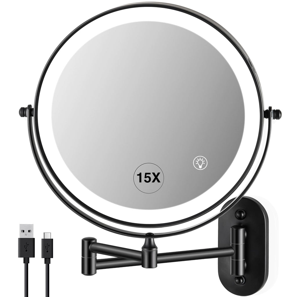 VORREMIRR Wall Mounted Makeup Mirror: 1x/15x Magnifying Mirror with 8.5" Double Sided, Vanity Makeup Mirror for Bathroom, Brush Black