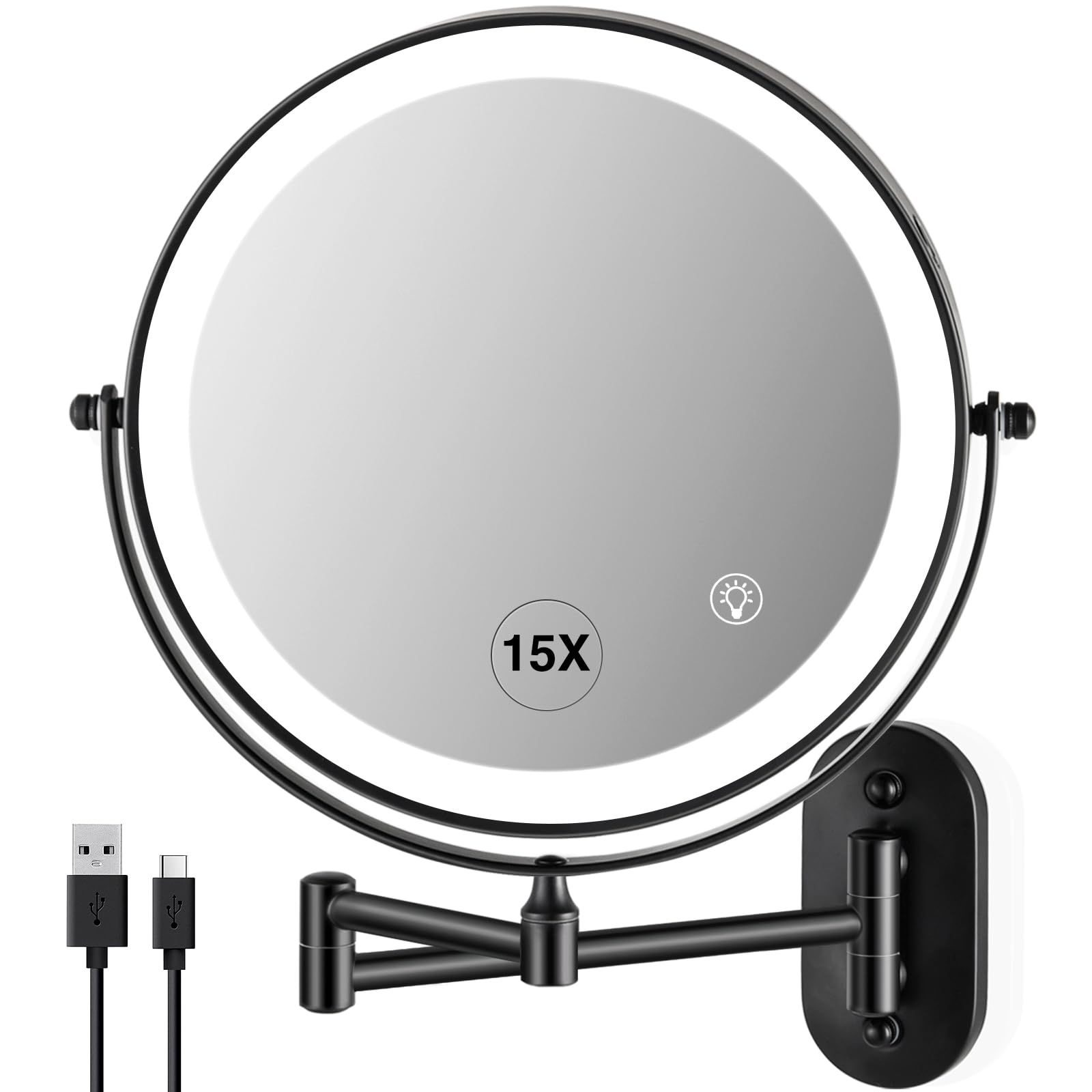 VORREMIRR Wall Mounted Makeup Mirror: 1x/15x Magnifying Mirror with 8.5" Double Sided, Vanity Makeup Mirror for Bathroom, Brush Black