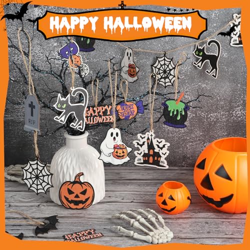 Halloween Tree Ornaments Set - 36 Wooden Decorations with Ropes - Halloween