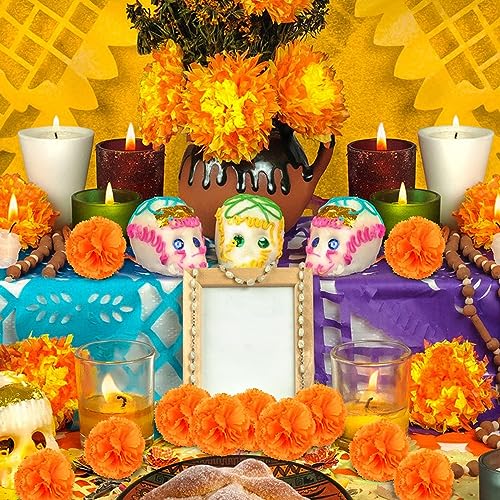 Artificial Marigold Flowers Heads Bulk 50Pcs for Day of The Dead Halloween Diwali Home Decor - Orange
