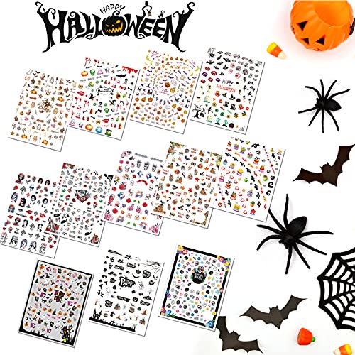 Halloween Nail Decals Stickers - 12 Sheets, Self-Adhesive Nail Art Tips, Pumpkin Bat Ghost Witches
