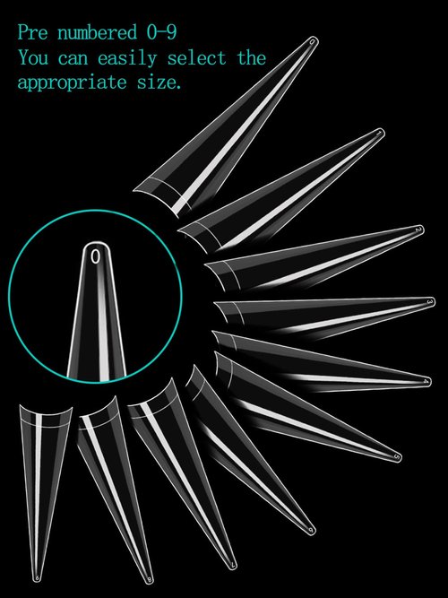 500pcs XXL Stiletto Nail Tips, Clear Half Cover Stiletto Nail Tips for Acrylic Nails, 10 Sizes False Nail Tips for Nail Extension with Box