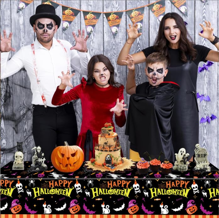 Halloween Tablecloths 3 Pack Waterproof Disposable Rectangle Cover - Black Ghosts & Bats Design, 54x108 Inches - Halloween