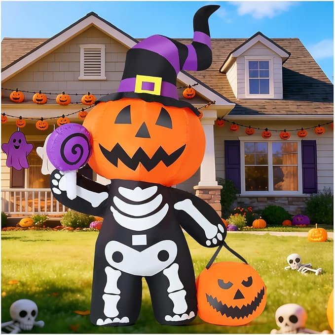 Halloween Inflatable Pumpkin Skeleton with LED Lights Outdoor Yard Decor