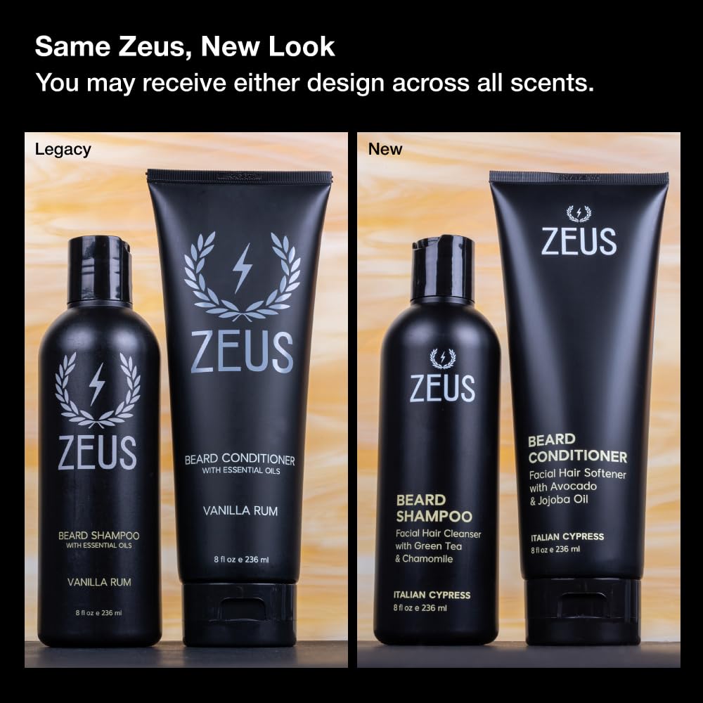 ZEUS Beard Wash Set for Men, Shampoo & Conditioner Duo with Green Tea & Essential Oils, Hydrates, Softens & Strengthens Beard Hair (Made in USA) Vanilla Rum