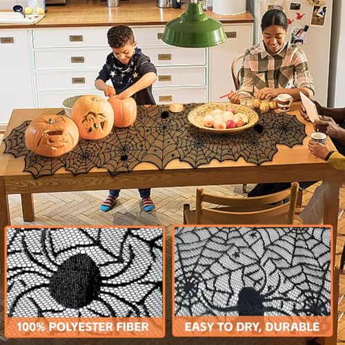 Halloween Decor Set - Mantel Scarf, Spider Table Runner, 3D Bats & Spiders, Happy Halloween Banner - Black 2