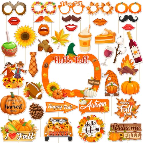 Fall Photo Booth Props Set with Pumpkin Frame - Thanksgiving Decor, 39 Pieces