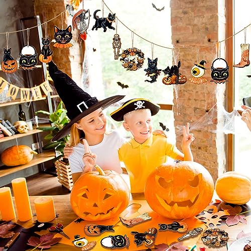 Halloween Tree Ornaments Set - Wooden Pumpkin Skull Cat Decorations, 36 Pcs