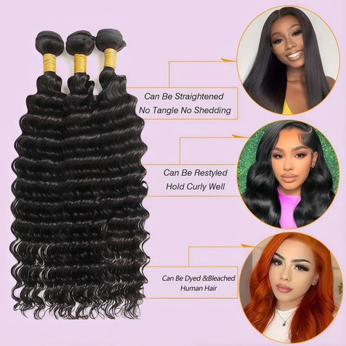Deep Wave Human Hair Bundles 8 10 12 Inch Black 3 Bundles Deals for Black Women Virgin Human Hair 12A Double Weft Quick Brazilian Hair Weave