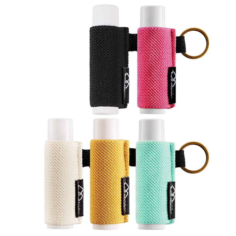 WK IEASON Lip Balm Holder Keychain - Stylish Chapstick Sleeve Set of 5 in Beige, Green, Yellow, Black & Rose