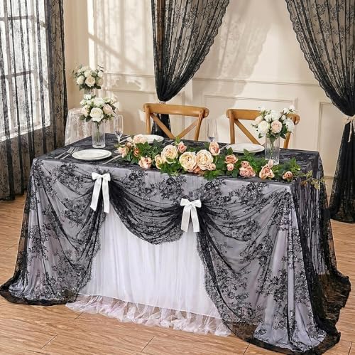 Black Lace Tablecloth 2 Pieces 60x120 Inch Rectangle Vintage Chic Overlay - Black