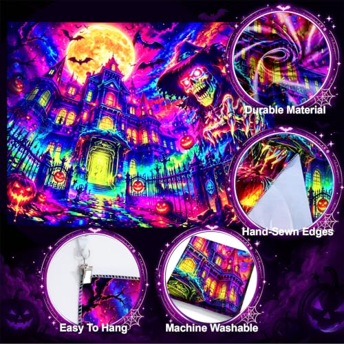 Halloween Skeleton Manor Blacklight Tapestry - 90x70 Inches Glow-in-The-Dark Wall Hanging