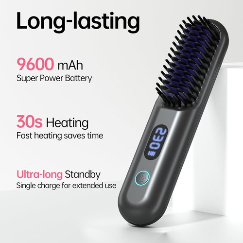 Skiennix Cordless Hair Straightener Brush - Portable Comb with 9600mAh Battery, Plasma Tech, 9 Temp Settings | Grey