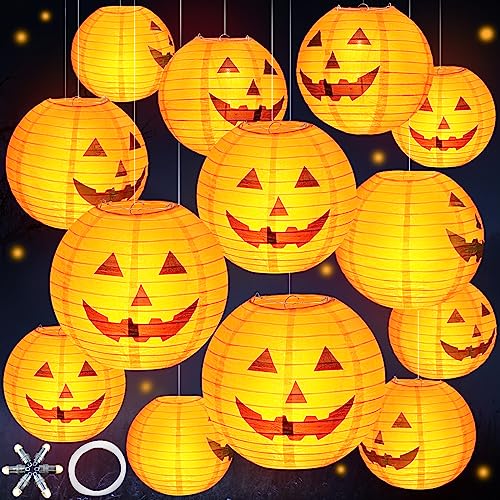Halloween Pumpkin Paper Lanterns Set of 20 with LED Lights - 10 Inch Jack O Lantern Decorations