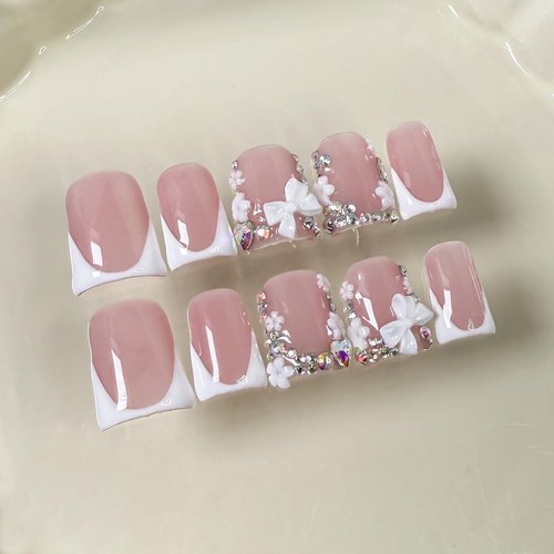 Handmade Press on Nails Short Duck 3D Floral Thick Acrylic Fake Nails White French Tip False Nails with Bow Flower Rhinestones Designs Nail Elegant Sturdy Art Nude Press on Nail 10Pcs(M)
