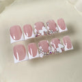 Handmade Press on Nails Short Duck 3D Floral Thick Acrylic Fake Nails White French Tip False Nails with Bow Flower Rhinestones Designs Nail Elegant Sturdy Art Nude Press on Nail 10Pcs(M)