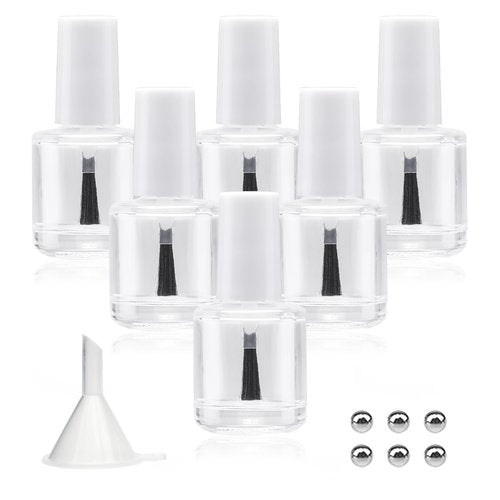 Agidea 6PCS Empty Nail Polish Bottles with Brush White Cap, 10ML Empty Clear Glass Refillable Nail Fingernail Polish Bottles Circle with mixing beads & Funnels, 0.35 OZ