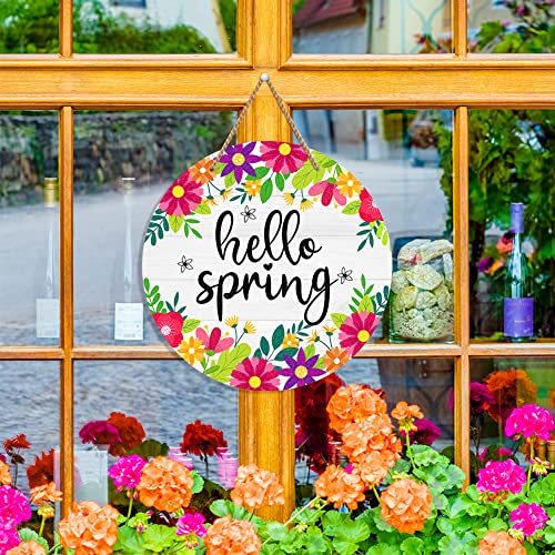 Hello Spring Door Sign - 11.8" Watercolor Flower Welcome Spring Sign - Circle Variation