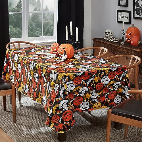 84x60 Inch Halloween Vinyl Tablecloth with Ghosts Cats Pumpkins Flannel Backing