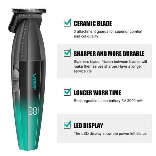 VGR Professional Hair Clipper and Trimmer Set for Men, Barber Clipper and Zero Gap T-Blade Trimmer Kit, Cordless USB Rechargeable Hair Cutting Kit with 9 Guide Combs, Ceramic Blade, LED Display