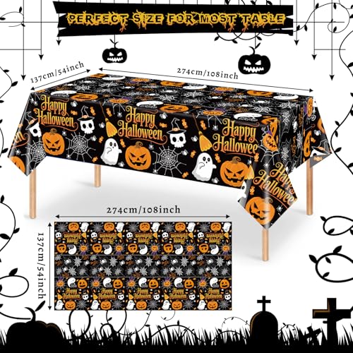 Black Halloween Tablecloth 3 Pack 54x108 Inches Disposable Plastic Cover with Pumpkin Ghost Designs