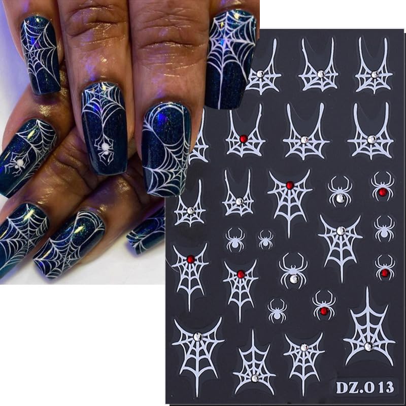 Halloween Spider Web Nail Stickers Set - 4 Sheets Self-Adhesive 3D Decals with Rhinestones - Spider Web Design for Nails - Variation 1