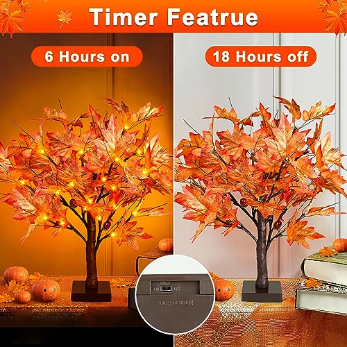 2-Pack 1.5ft Lighted Fall Maple Trees with 36 LEDs & Acorns - Battery Operated Tabletop Decor