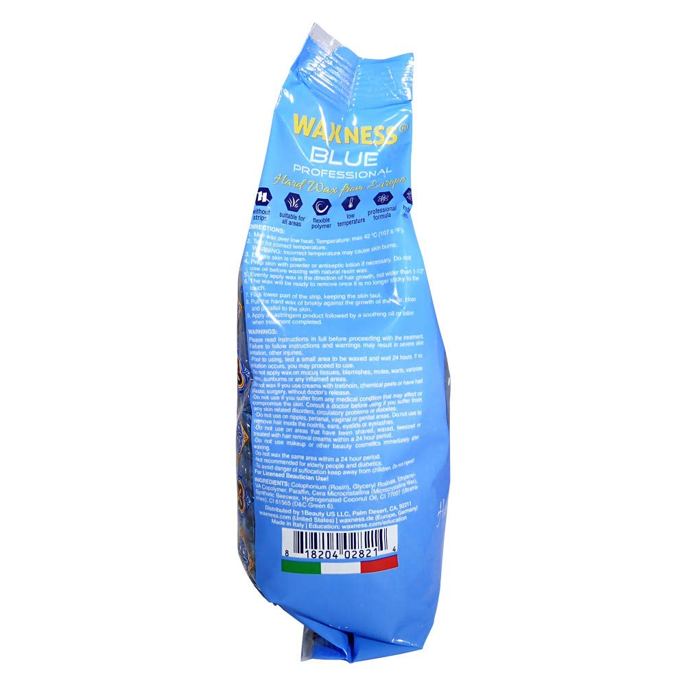 Waxness Film Hard Wax Beads Blue Professional 2.2 lb (1 kg) – Stripless Professional Hard Wax for Coarse Hair, Strong Grip, Smooth Application – Made in Italy