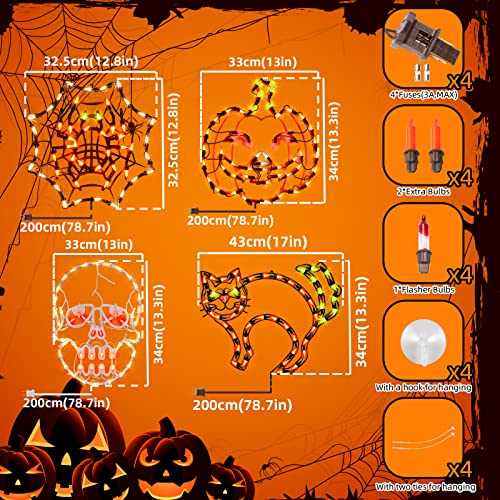 Halloween Lighted Window Silhouette Decorations Set - Jack-O-Lantern, Skull, Cat & Cobweb - 4 Pieces, Indoor & Outdoor Use