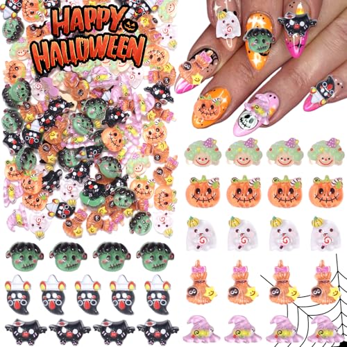 Halloween Nail Art Charms Set - 100 Assorted 3D Pumpkin Ghost Bats Resin Decorations