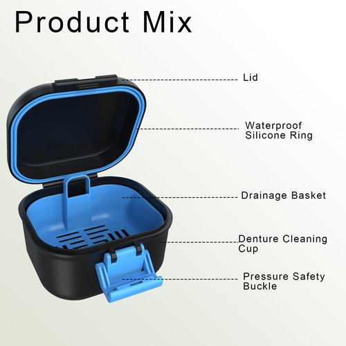 BVN Leak-Proof Denture Case, Denture Cup for Soaking Dentures, Retainer Cleaning Case Black and Bule Dent