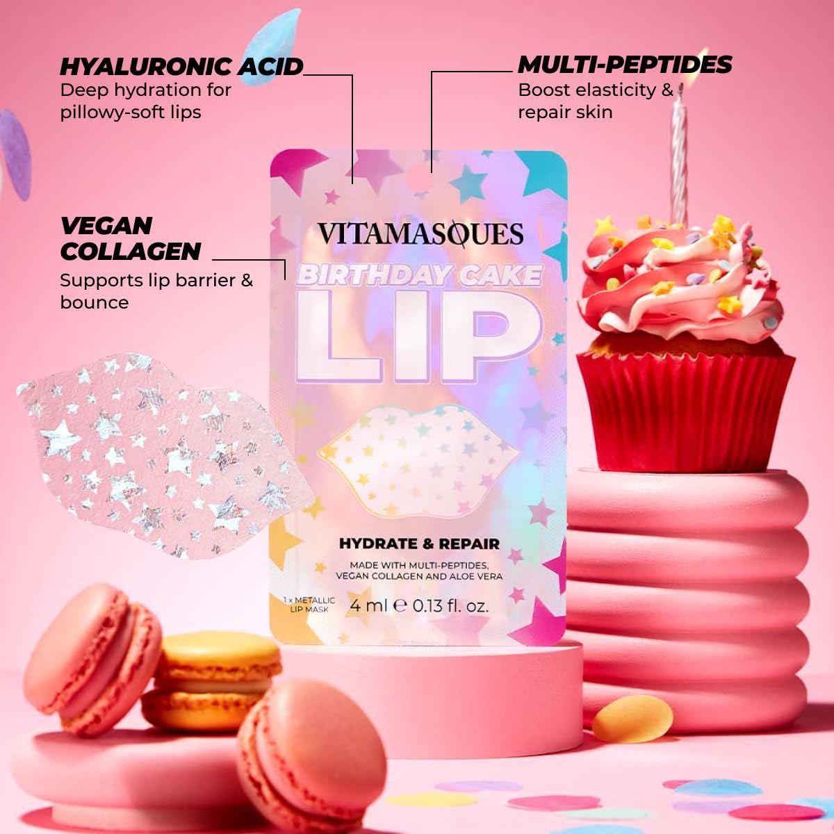 Vitamasques Lip Mask | 3-Pack Birthday Cake Collagen Sheets for Hydration & Repair - Vegan & Cruelty-Free