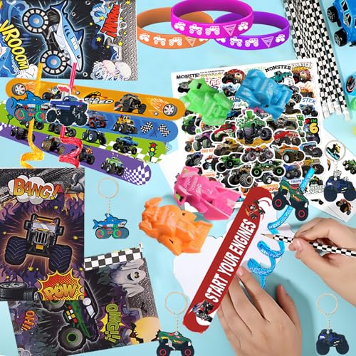 Monster Truck Party Favors Set for Birthday Decorations - 122 Pieces with Goodie Bags & Stickers