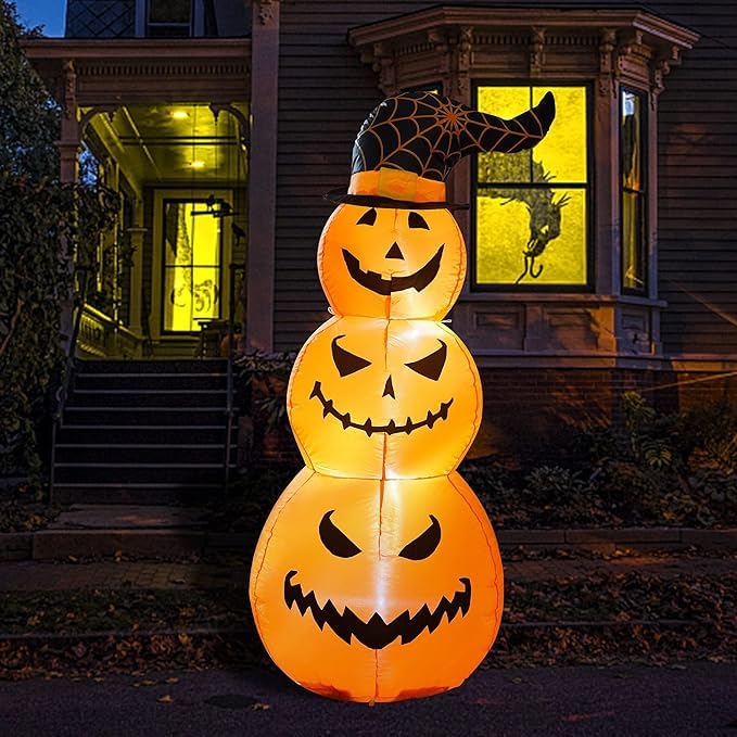 4FT LED Light-Up Halloween Inflatable Pumpkins with Witch Hat - Outdoor Yard Decor