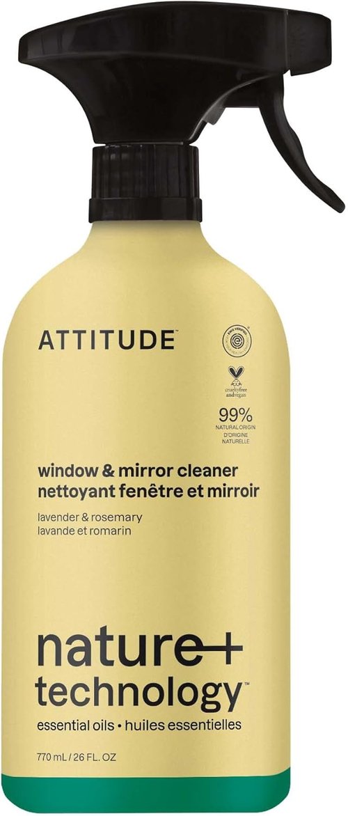 ATTITUDE Window & Mirror Cleaner Spray - Plant-Based, Streak-Free Formula with Lavender & Rosemary | 26 Fl Oz