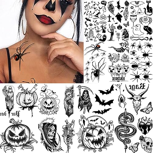 Halloween Temporary Tattoos Set for Kids and Adults - 10 Sheets with Skull Ghost Spider Designs