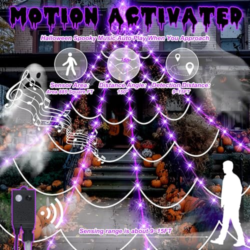 17FT Spider Web Halloween Decoration with Motion-Activated Purple LED Lights