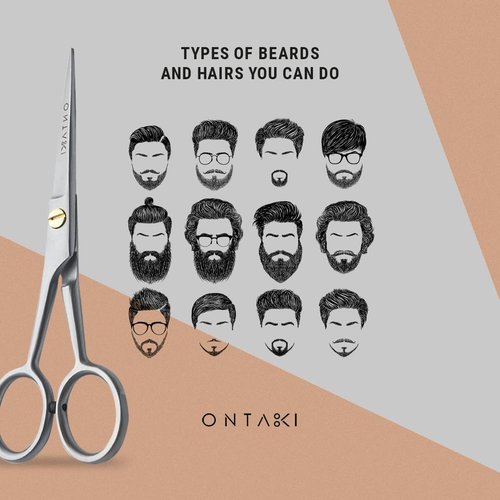 Ontaki Beard & Mustache Trimming Scissors - 5-Inch, Silver, Pack of 1 - Mustache Care Kit with Travel Comb - Compact Travel Pouch & Grooming Kit - 410C German Steel Durability & Beard Scissors
