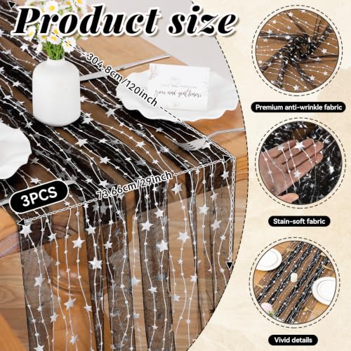 Halloween Black Silver Foil Star Table Runner 29x120 Inch 3 Pack - Mesh, Elegant Decor