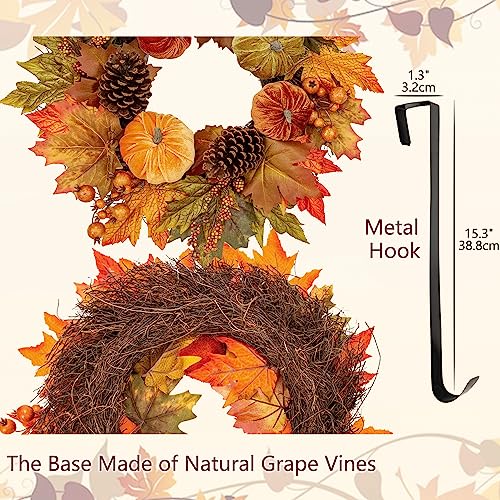 Fall Wreath 16 Inch Autumn Velvet Pumpkin Maple Leaves Front Door Decor - Briful