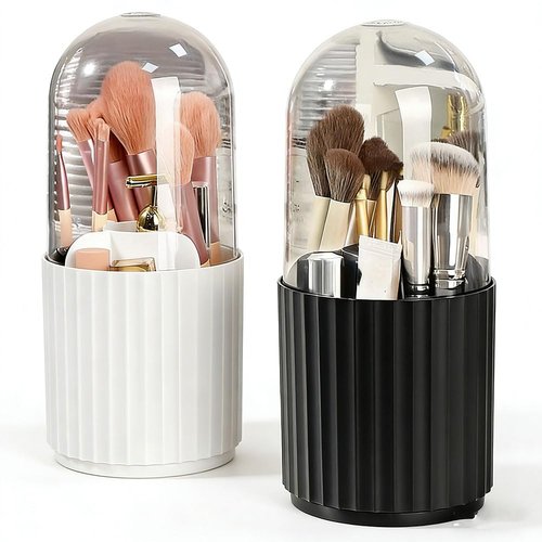 Ariettie Makeup Brush Holder Organizer with Lid, 360 Degree Rotatable Makeup Brush Organizer Spinning Cosmetics Holders Brush Storage Box Display for Bathroom Vanity Countertop, White