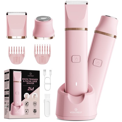VG VOGCREST Bikini Trimmer for Women: Rechargeable 2-in-1 Painless Body Shaver for Leg Arm Underarm with Length Combs - Portable Travel Friendly Pubic Grooming Kit with Charging Dock (Light Pink)