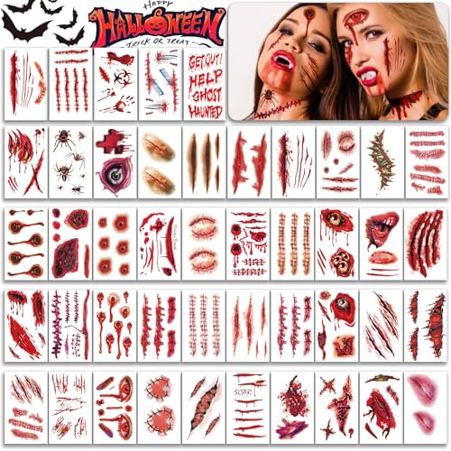 Fake Scar Tattoos Set - 45 Sheets Realistic 3D Wound Blood Cuts Halloween Cosplay
