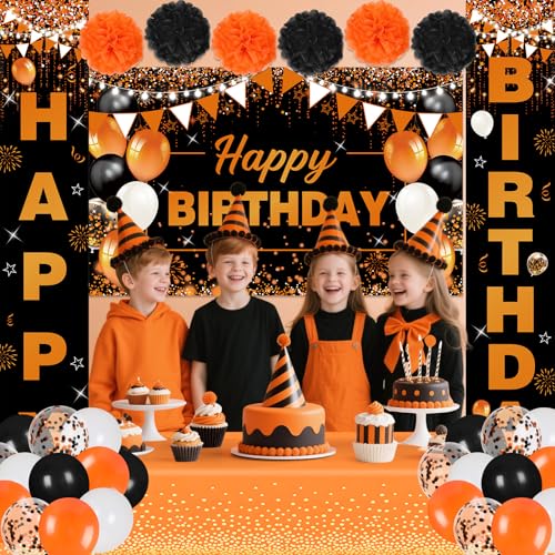 Orange & Black Birthday Decorations Set - Banner Balloons Tablecloth Pompoms - Variation: Orange Black